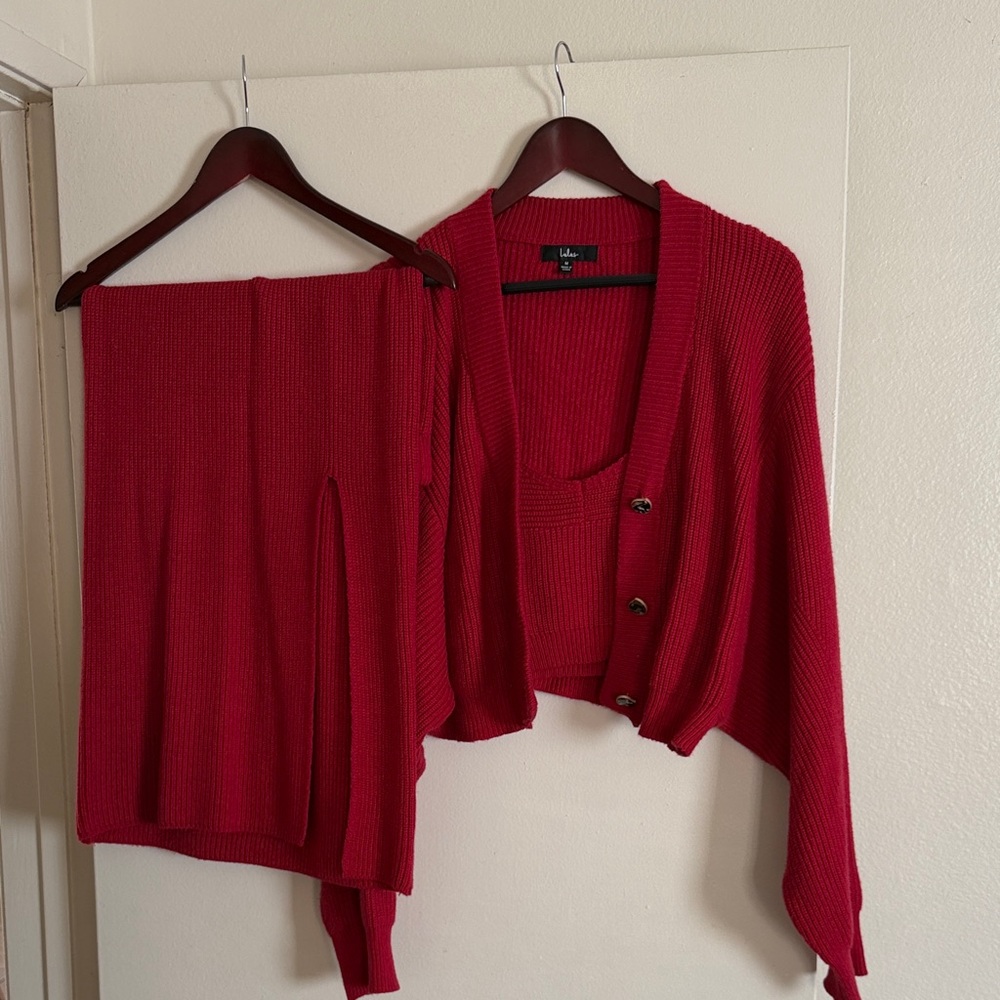 3 Piece Set- Lulu's Bold Red Cardigan, Skirt and Top Set